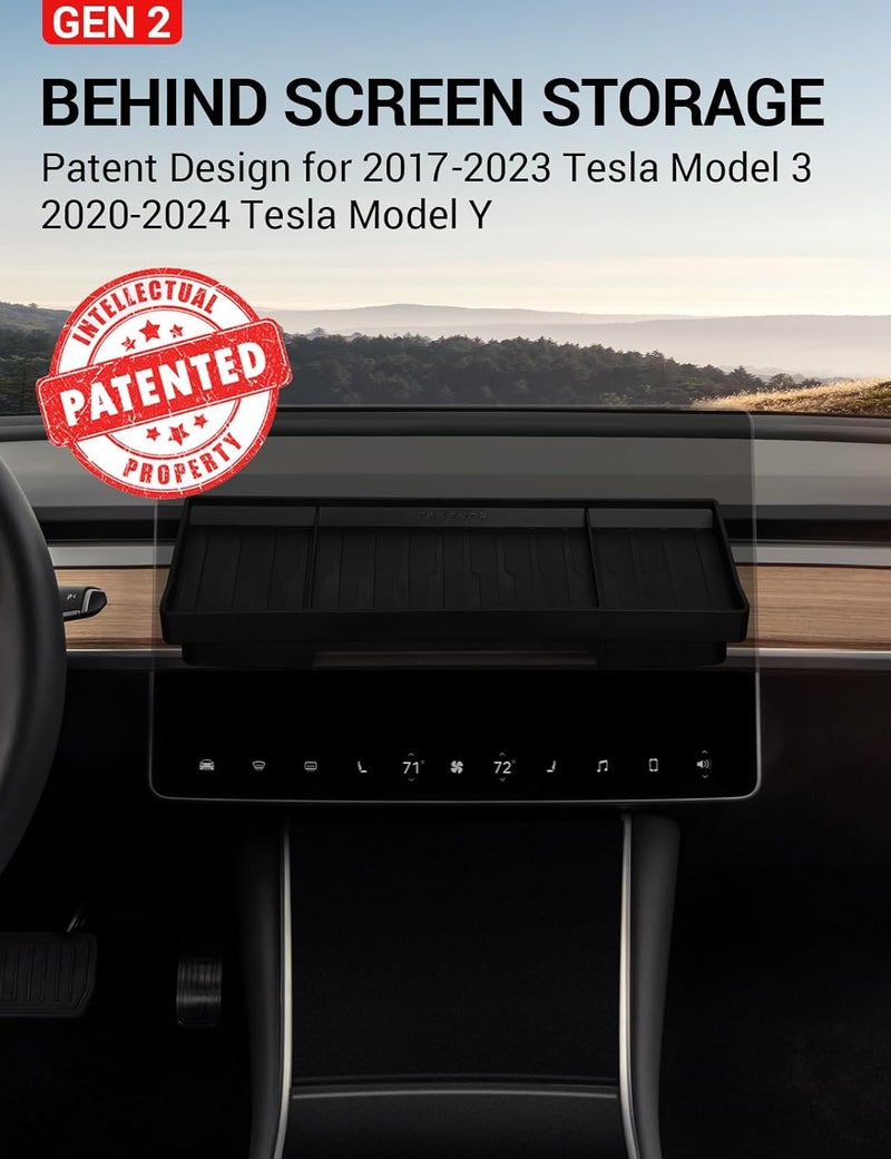 Basenor Tesla Model Y Model 3 Center Console Behind Screen Storage Box, (Proprietary Design) Dashboard Hidden Organizer Tray Sunglasses Holder for 2017-2023 Model 3 2020-2024 Model Y - Image 2
